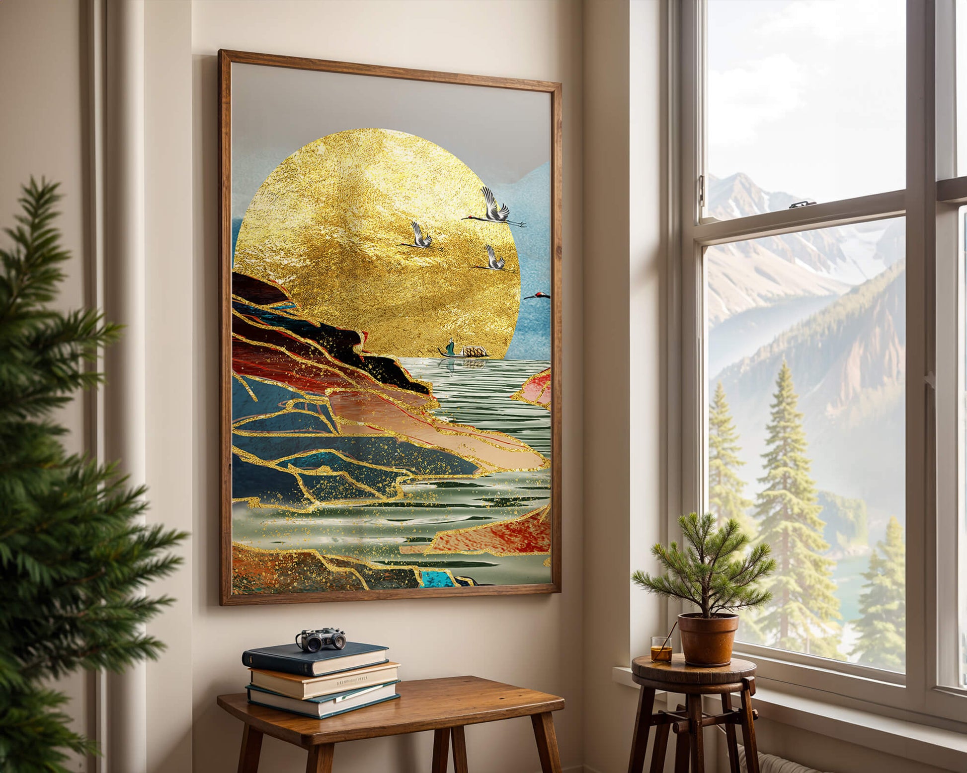 Majestic Golden Sun with Birds over Serene Landscape