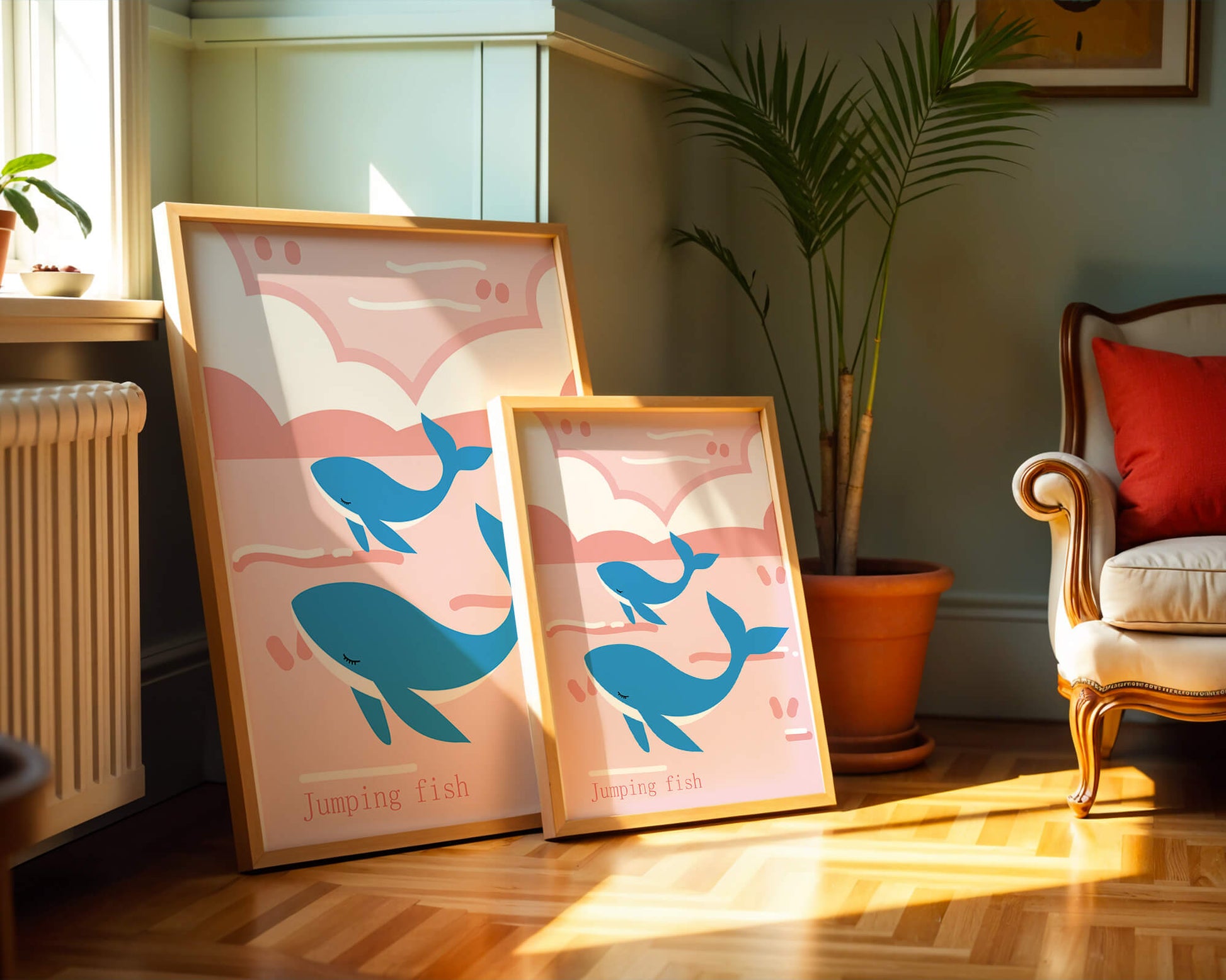 Playful whales illustration in pastel pink and blue