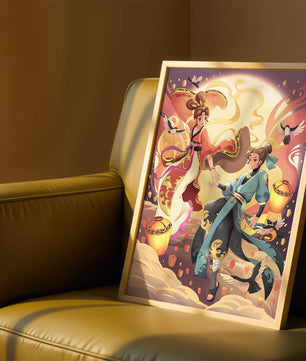 Dynamic anime scene with traditional attire and lanterns