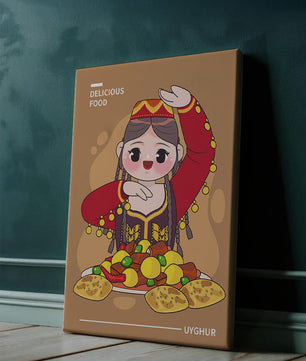 Illustration d’une figure culturelle ouïghoure portant un costume traditionnel et partageant un repas festif