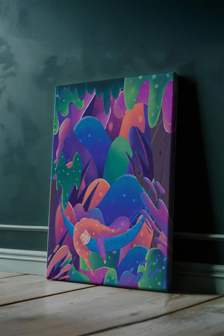 Selva surrealista onírica con mujer dormida