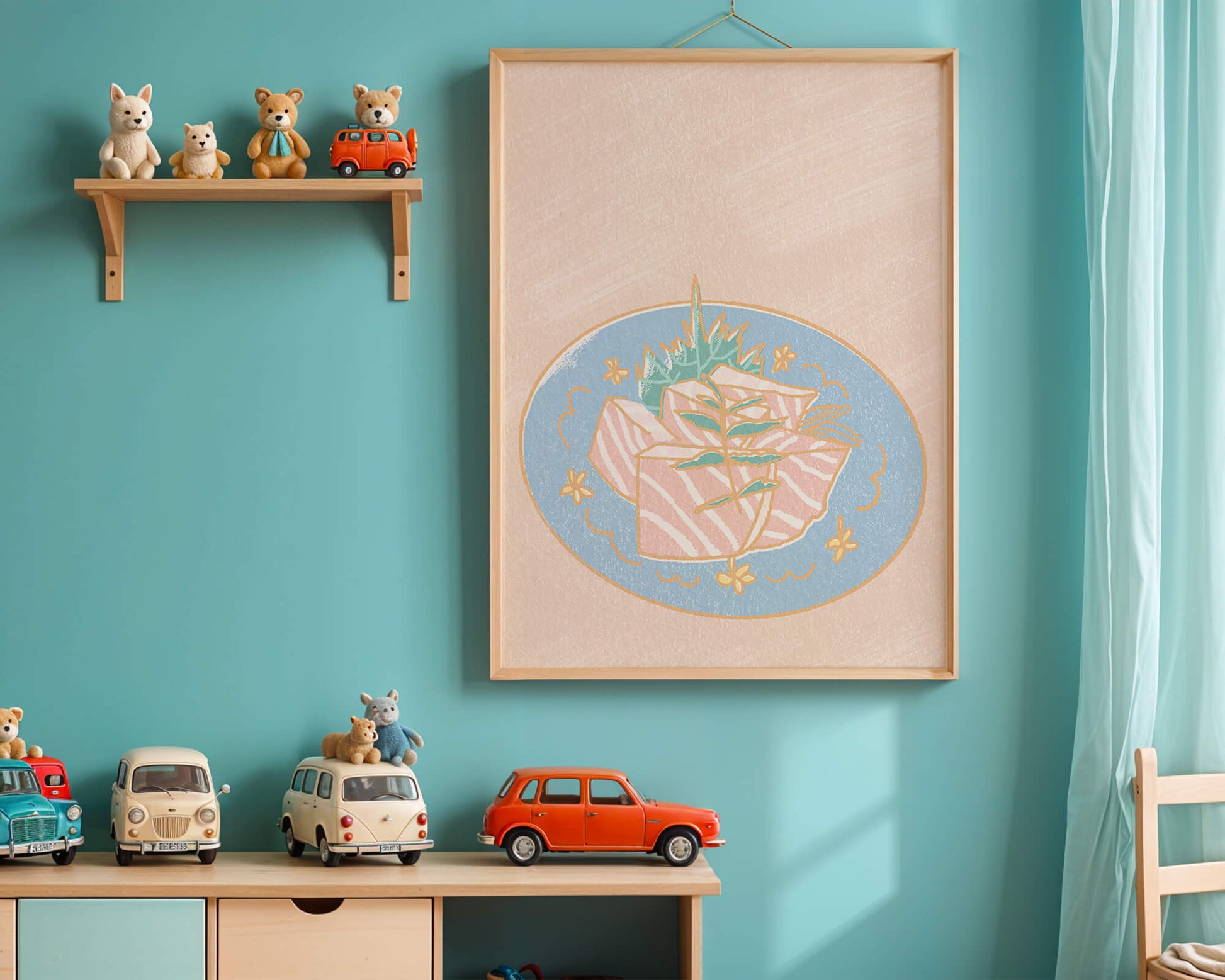 Ilustración de rodajas de sushi fresco en un plato decorativo