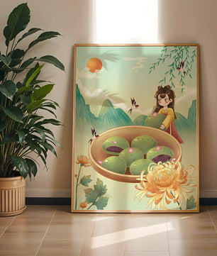 Charming Scene with Traditional Dress and Scenic Landscape Featuring Floral Elements and Birds