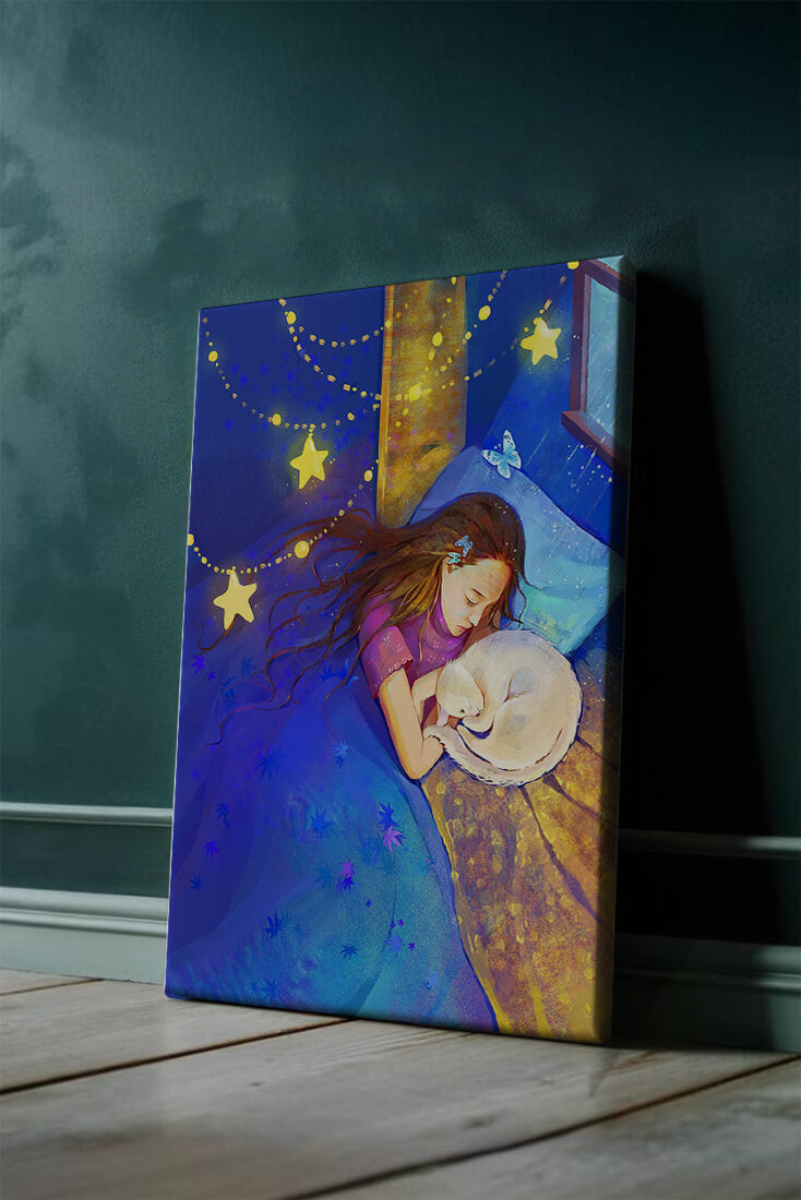 Girl sleeping with cat under starry night sky