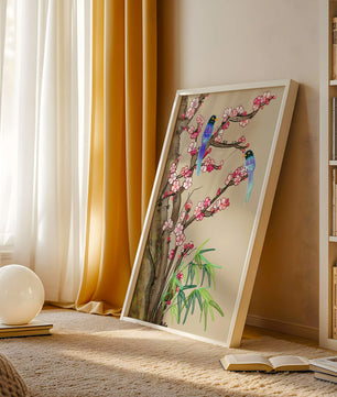 Illustration sereine d’oiseaux sur des branches en fleurs avec des feuilles de bambou