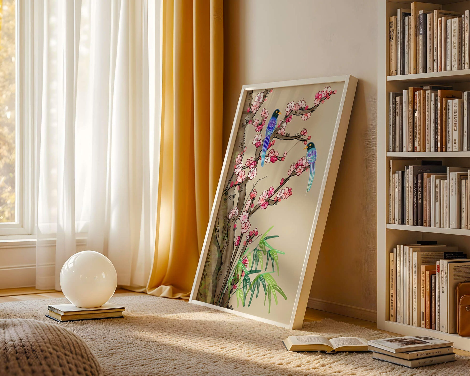 Illustration sereine d’oiseaux sur des branches en fleurs avec des feuilles de bambou