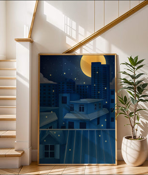 Night Urban Skyline Under a Starry Sky with Bright Full Moon