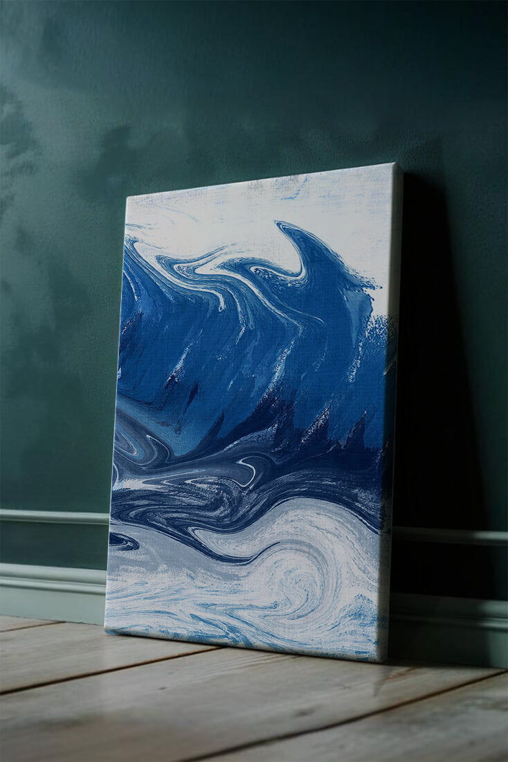 Abstract blue and white ocean wave painting with swirling patterns