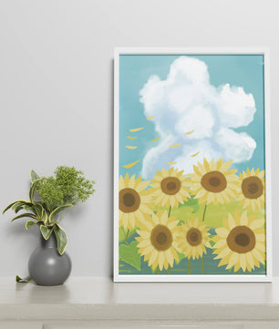 Sonnenblumen in einer hellen Wiese mit blauem Himmel und Wolken