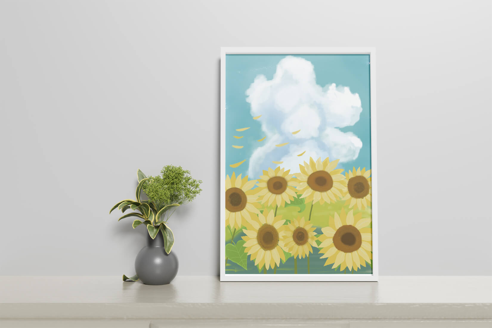 Girasoles en un prado brillante con cielo azul y nubes