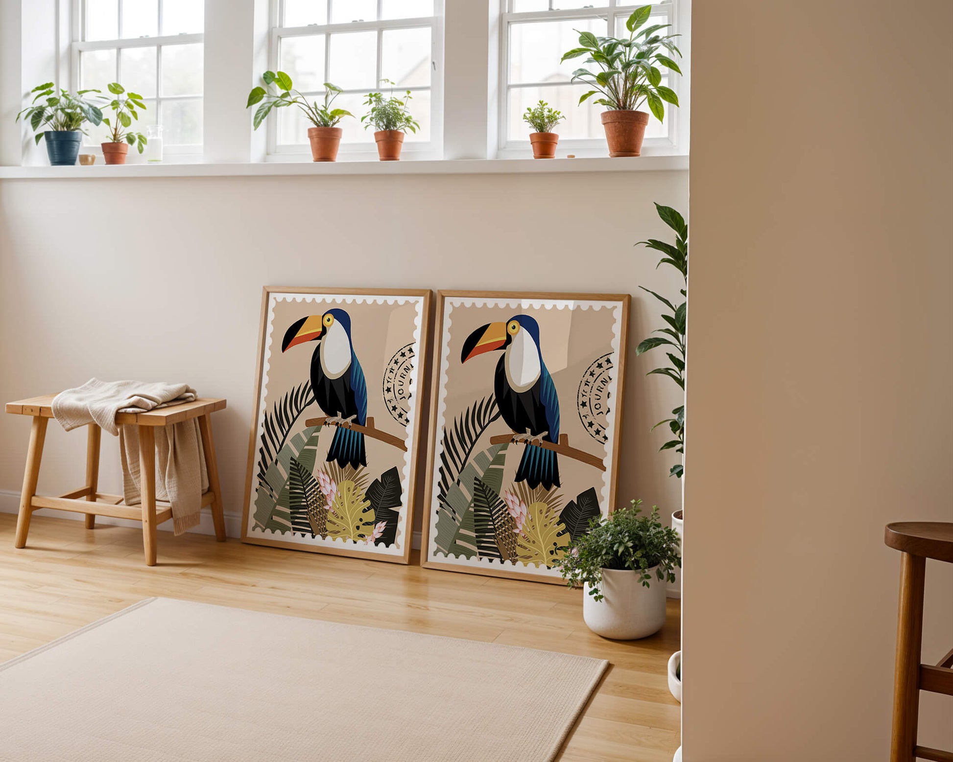 Colorful Toucan Surrounded by Tropical Leaves with Travel Stamp
