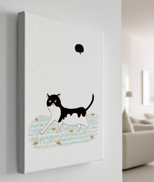 Whimsical cat illustration in field of flowers