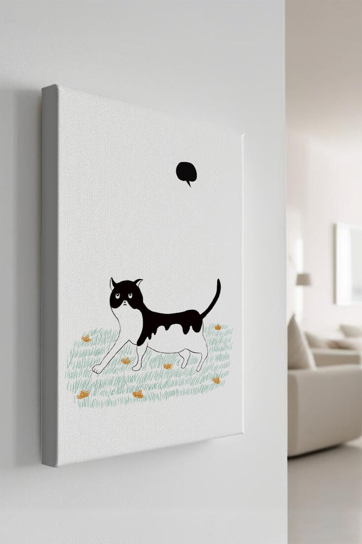 Whimsical cat illustration in field of flowers