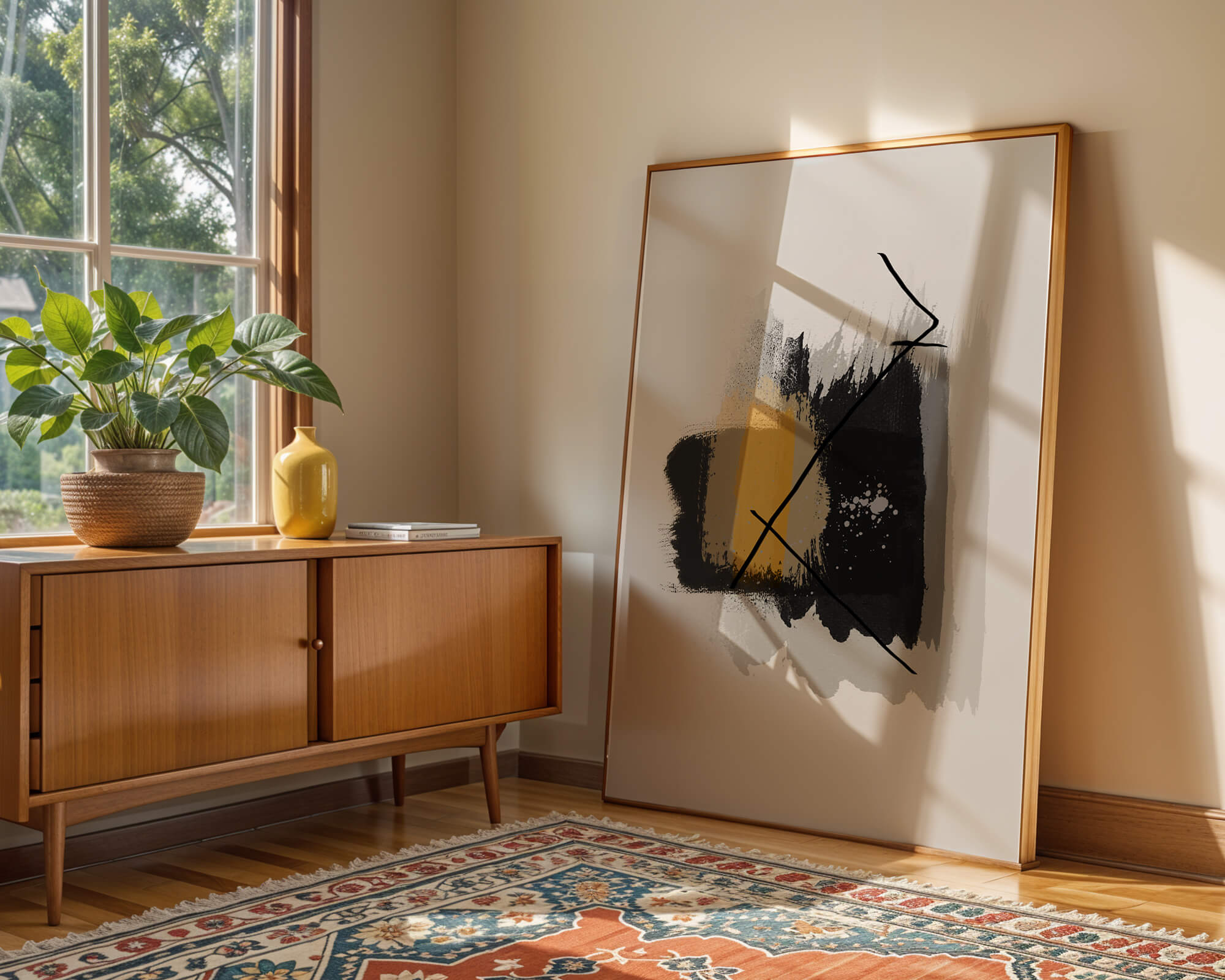 Abstract modern art with golden and black brush strokes