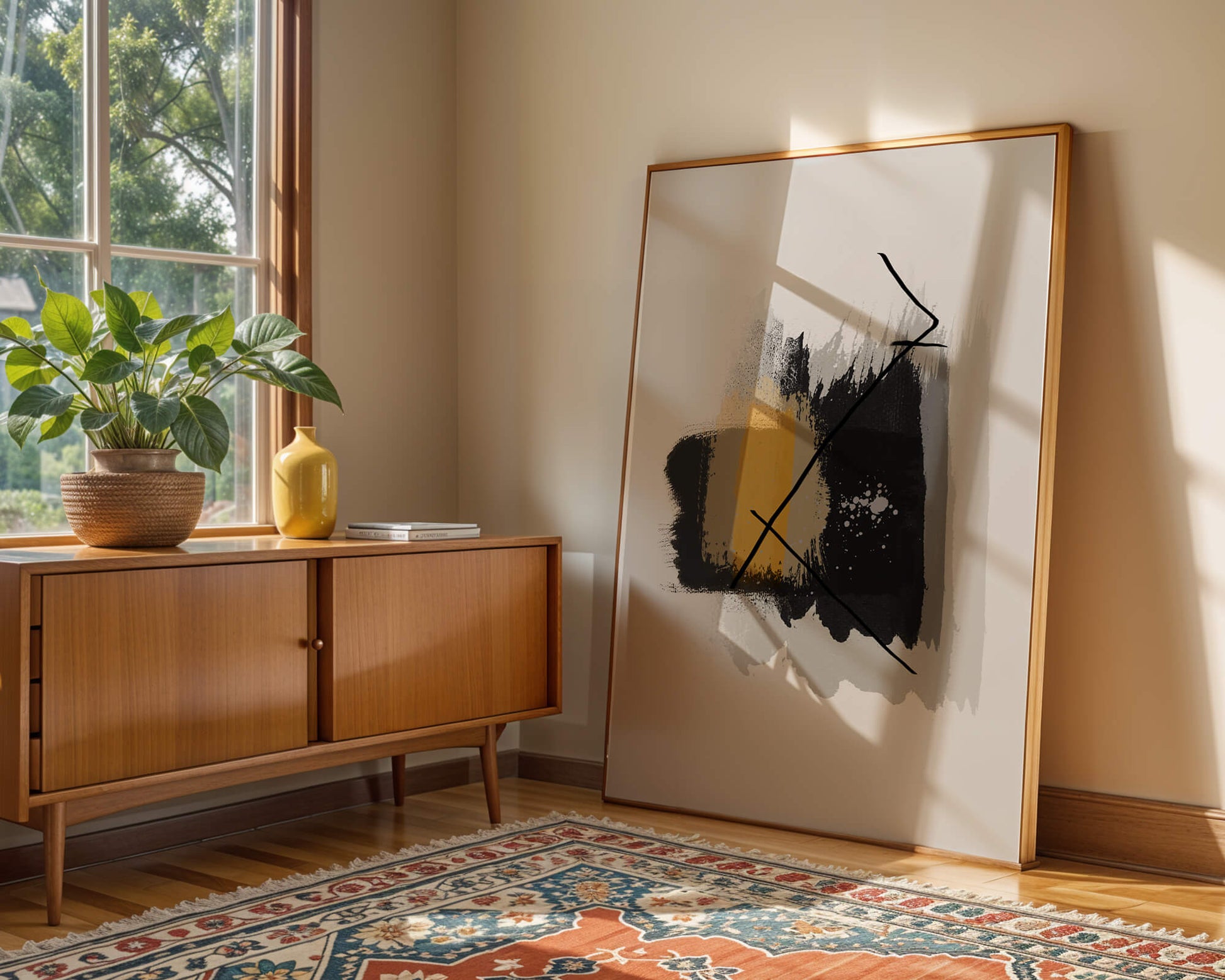 Abstract modern art with golden and black brush strokes