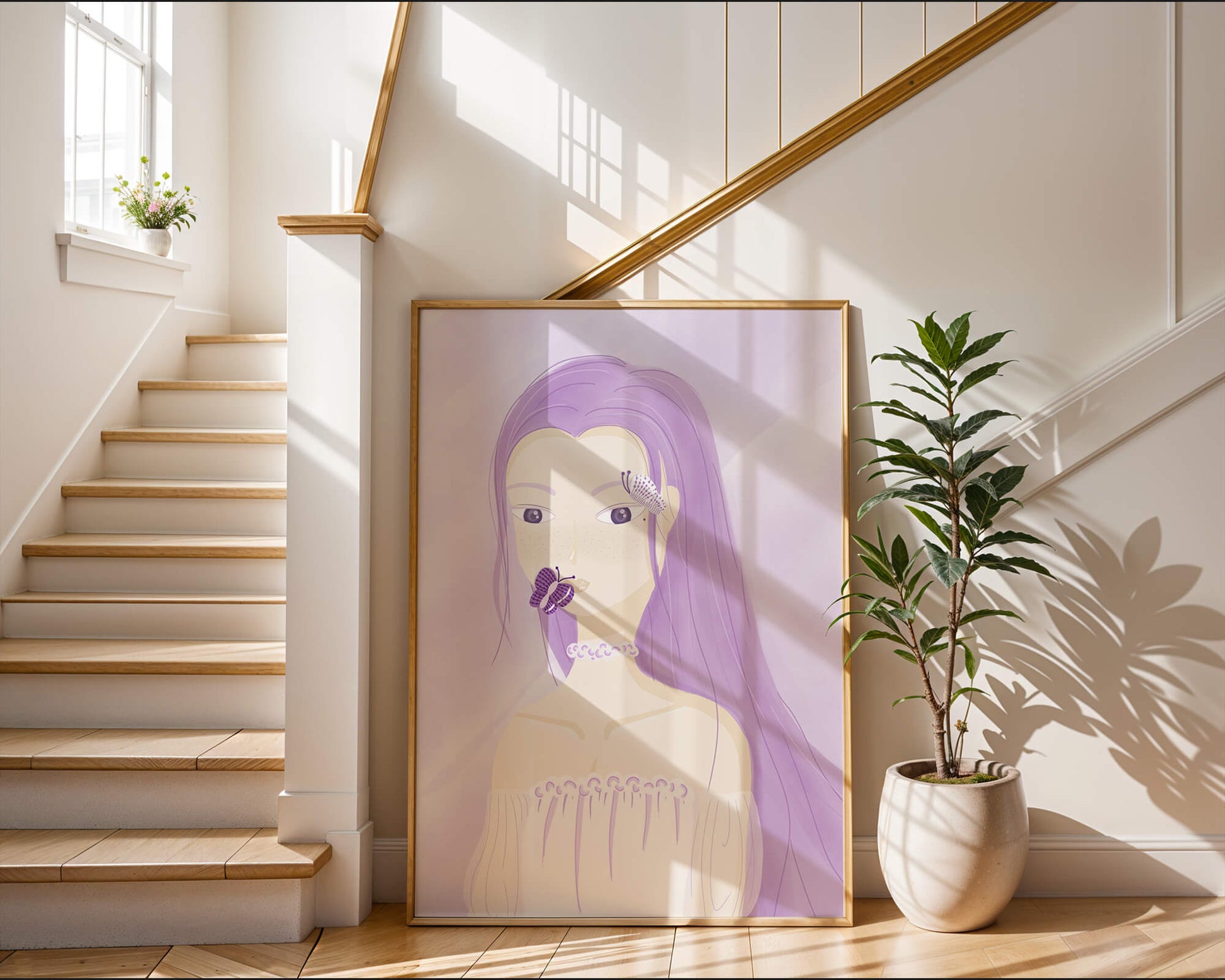 Illustration of a woman with purple hair and butterflies