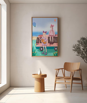 Serene beach scene with whimsical characters and hot air balloons