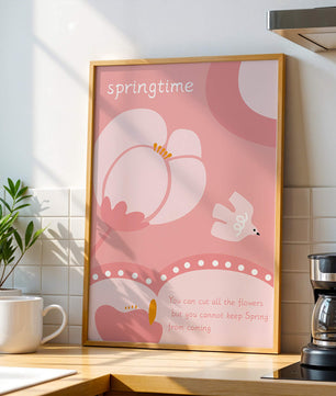Springtime illustration with flowers and bird on pink background