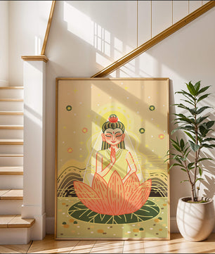 Heitere Illustration einer meditativen Figur auf einem Lotus mit himmlischem Hintergrund