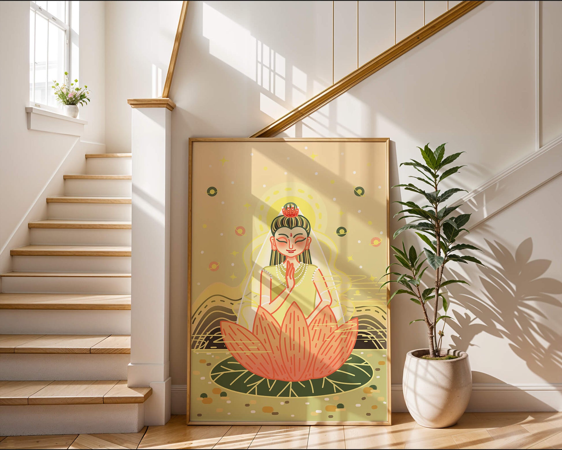 Serene illustration of meditative figure on a lotus with celestial background