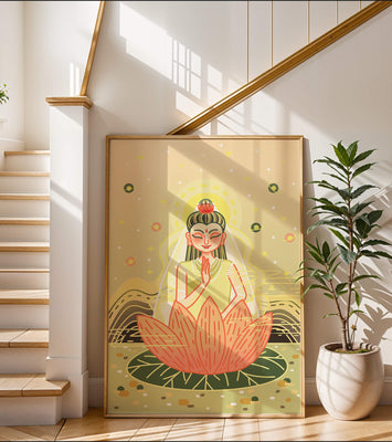 Serene illustration of meditative figure on a lotus with celestial background