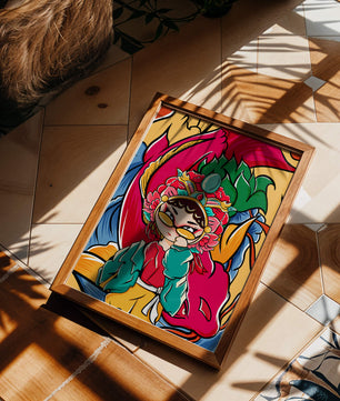 Vibrant illustration featuring a character in traditional costume with dragon elements