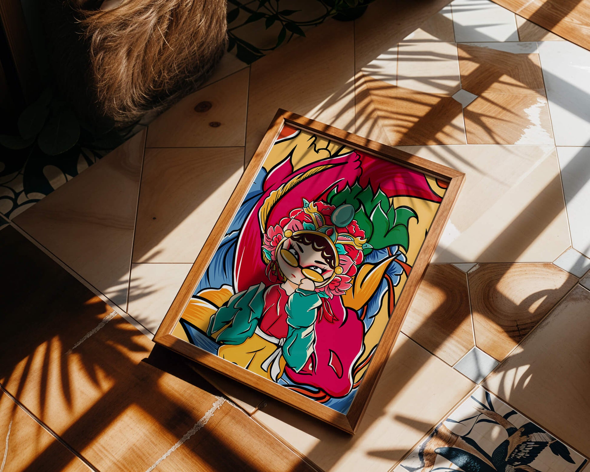 Vibrant illustration featuring a character in traditional costume with dragon elements