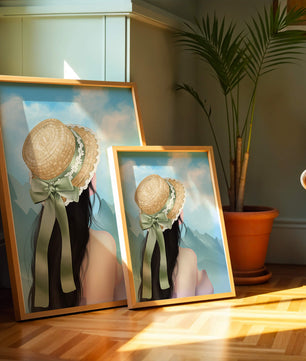 Woman with straw hat and mountain view under blue sky