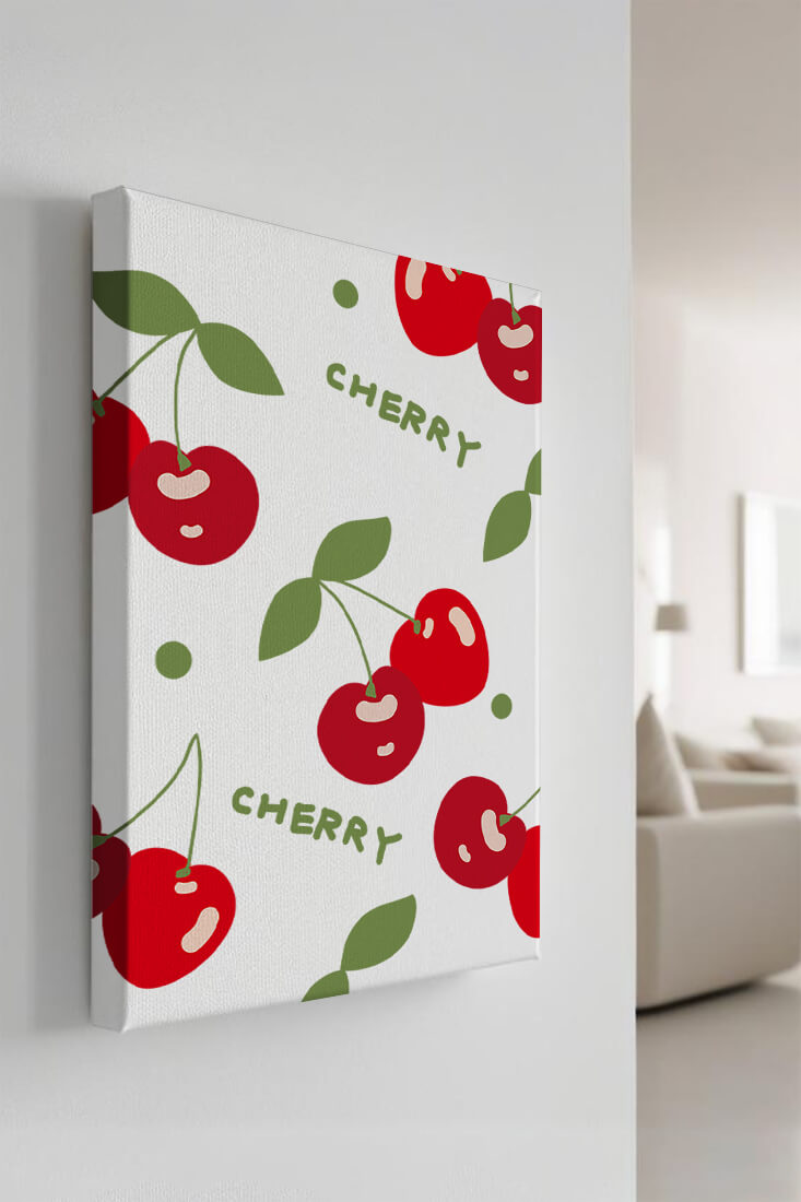 Cherry pattern on black background with green leaves