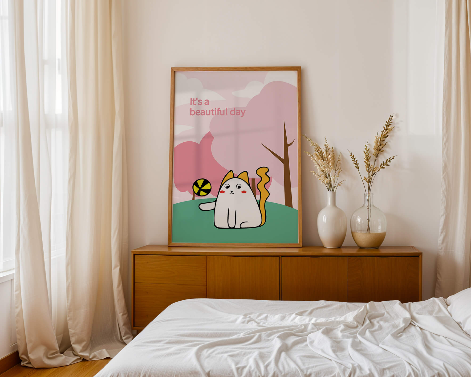 Charming cat illustration in a playful park scene with trees and clouds