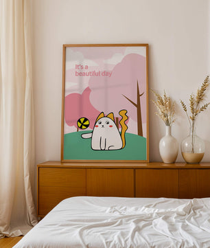 Illustration charmante de chat dans une scène de parc ludique avec des arbres et des nuages.