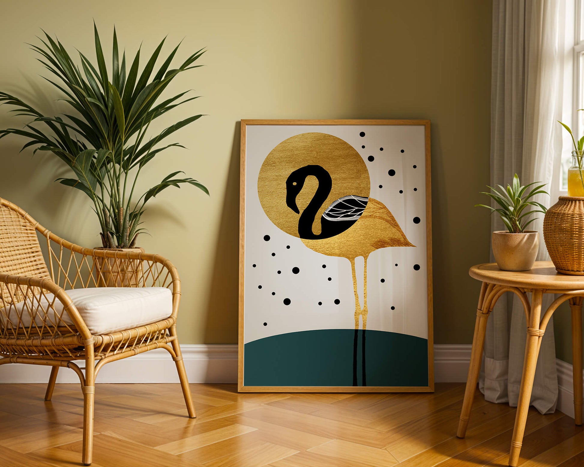Elegante ilustración de flamenco dorado y negro con elementos de puntos abstractos