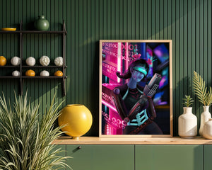 Futuristic Cyborg Woman in Digital Neon Landscape - Mi tienda