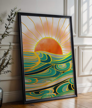 Sunrise over stylized ocean waves with gold accents