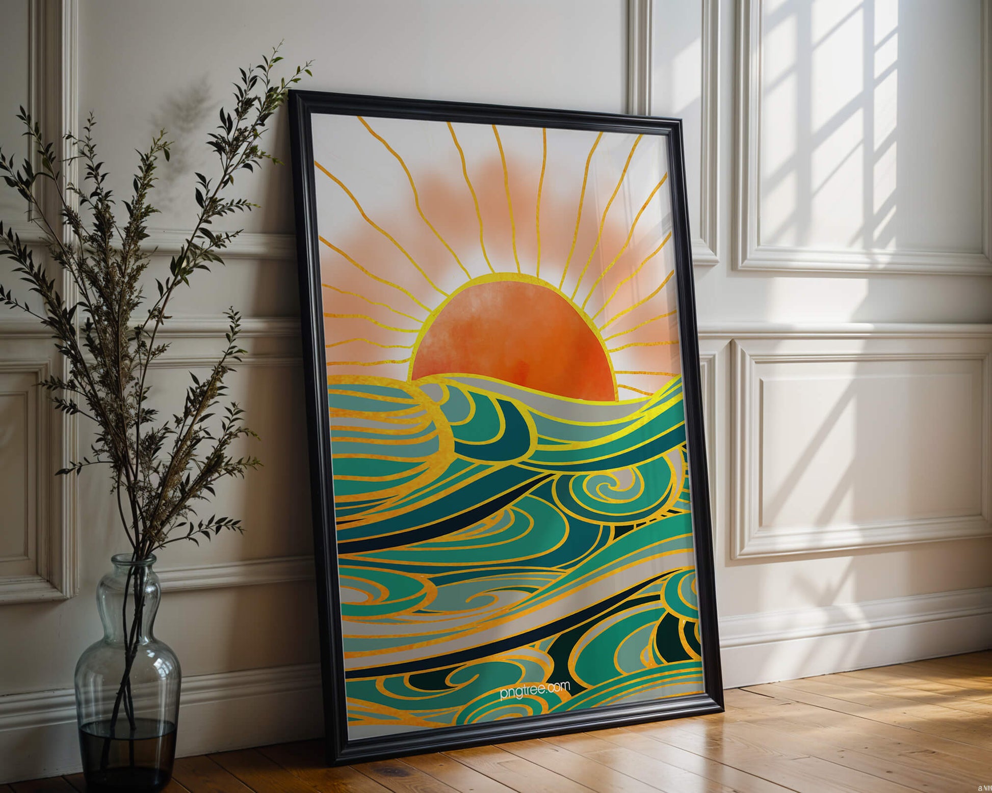 Sunrise over stylized ocean waves with gold accents