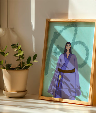 Personaje con atuendo tradicional sobre fondo texturizado