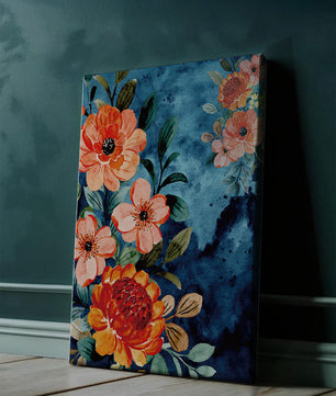 Vibrant floral watercolor design with orange blossoms and blue background