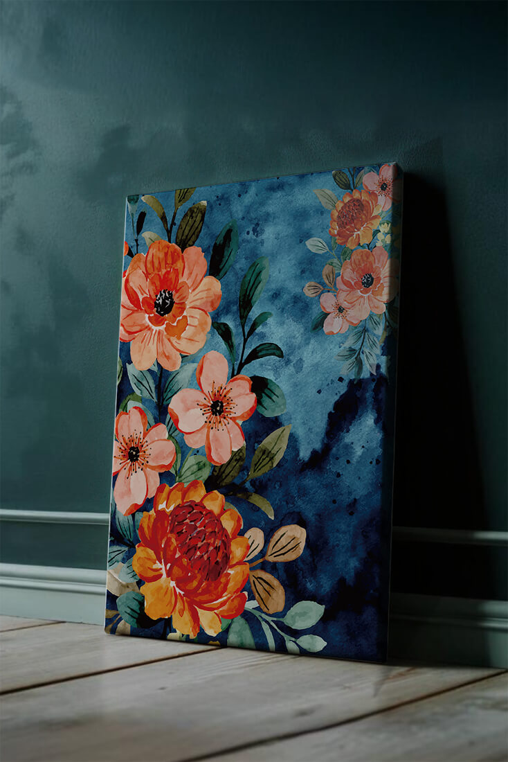 Vibrant floral watercolor design with orange blossoms and blue background
