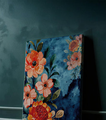 Vibrant floral watercolor design with orange blossoms and blue background