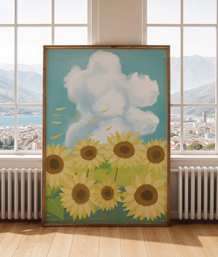 Sonnenblumen in einer hellen Wiese mit blauem Himmel und Wolken
