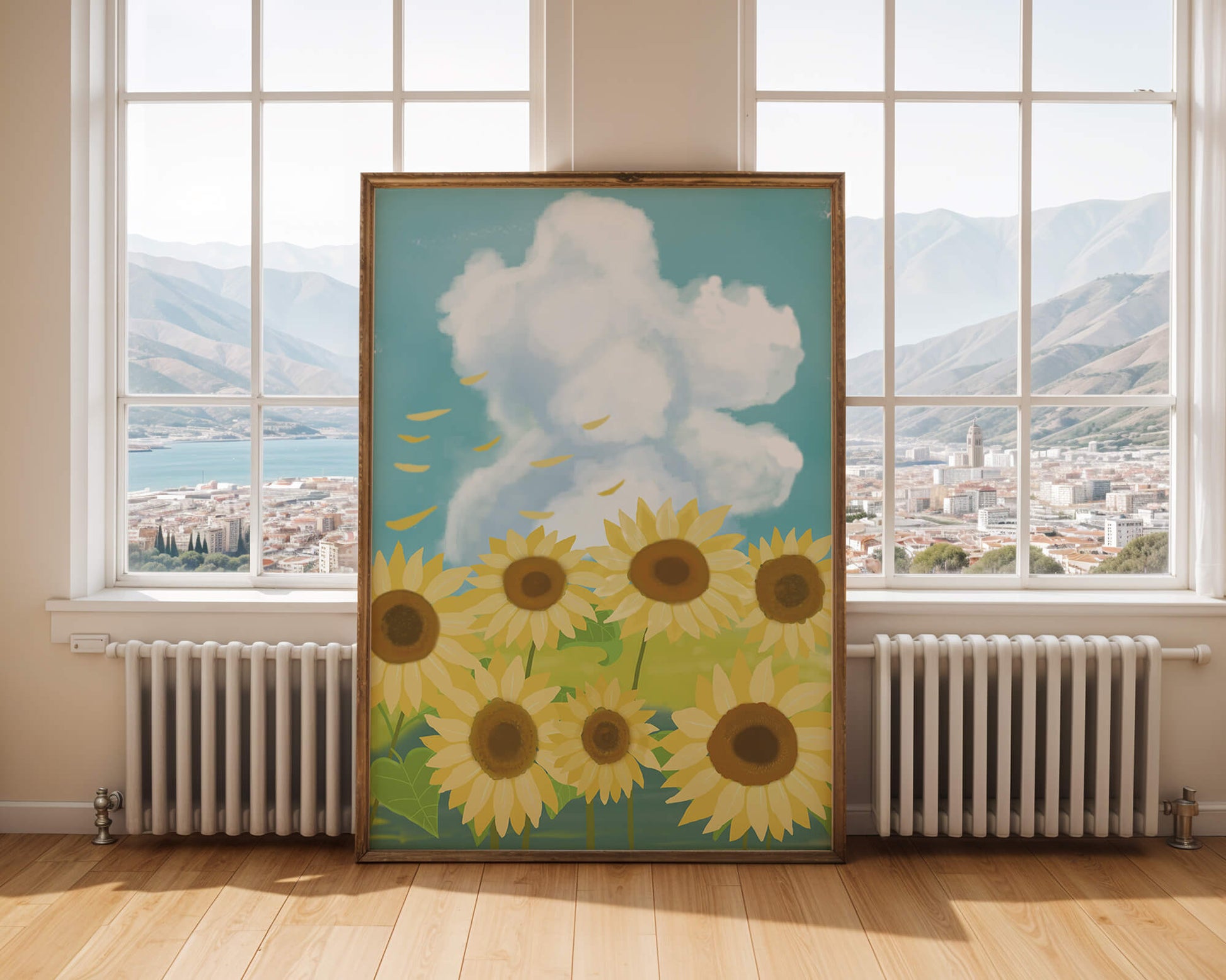 Girasoles en un prado brillante con cielo azul y nubes