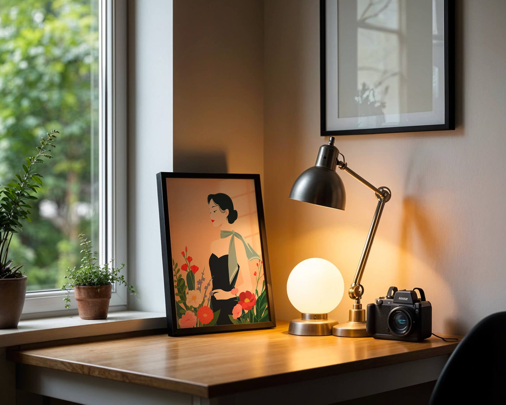 Mujer elegante con fondo floral y bufanda