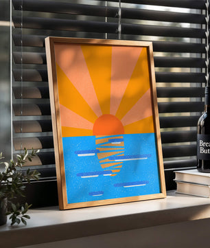 A vibrant sunrise illustration over the ocean with colorful rays