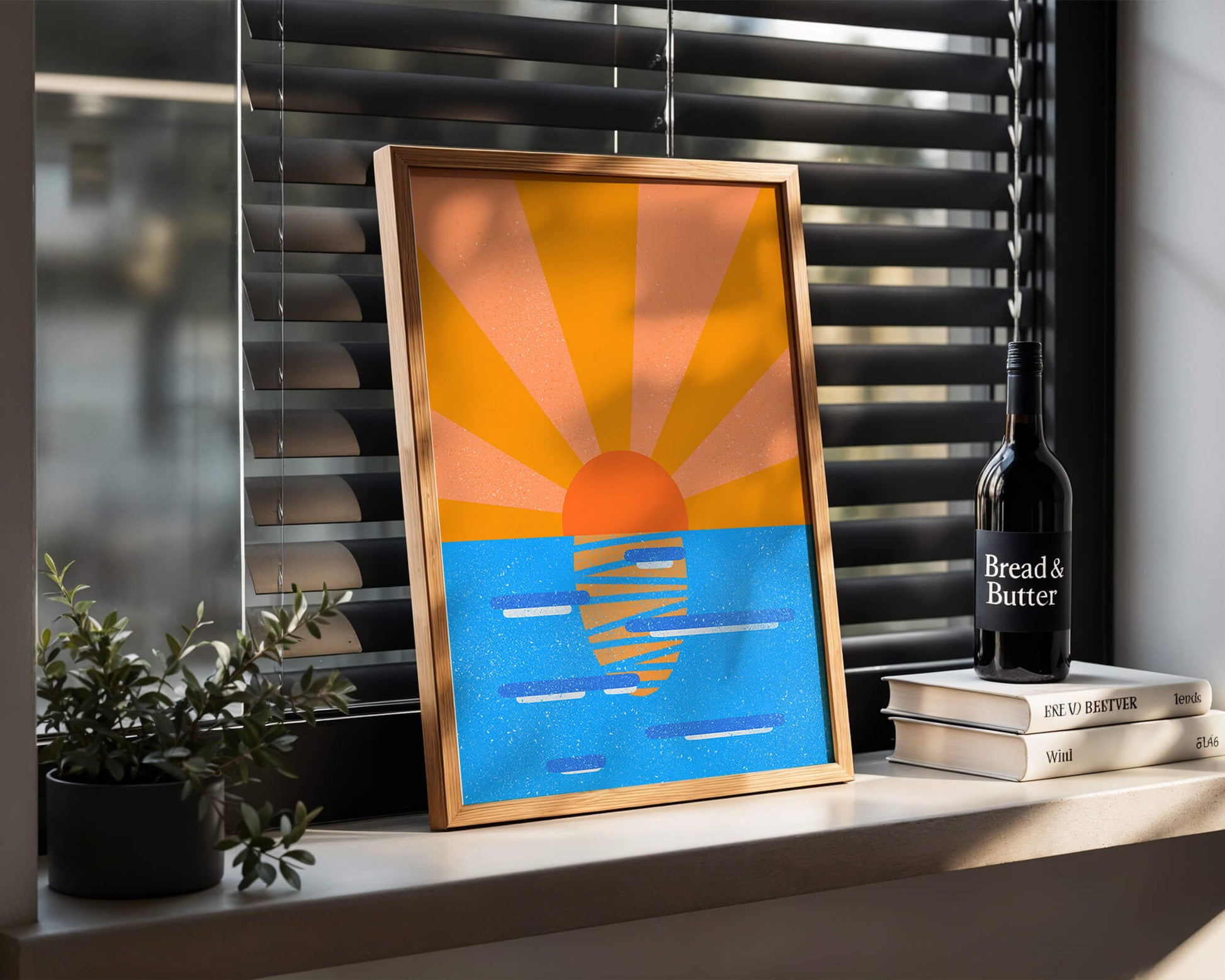 A vibrant sunrise illustration over the ocean with colorful rays