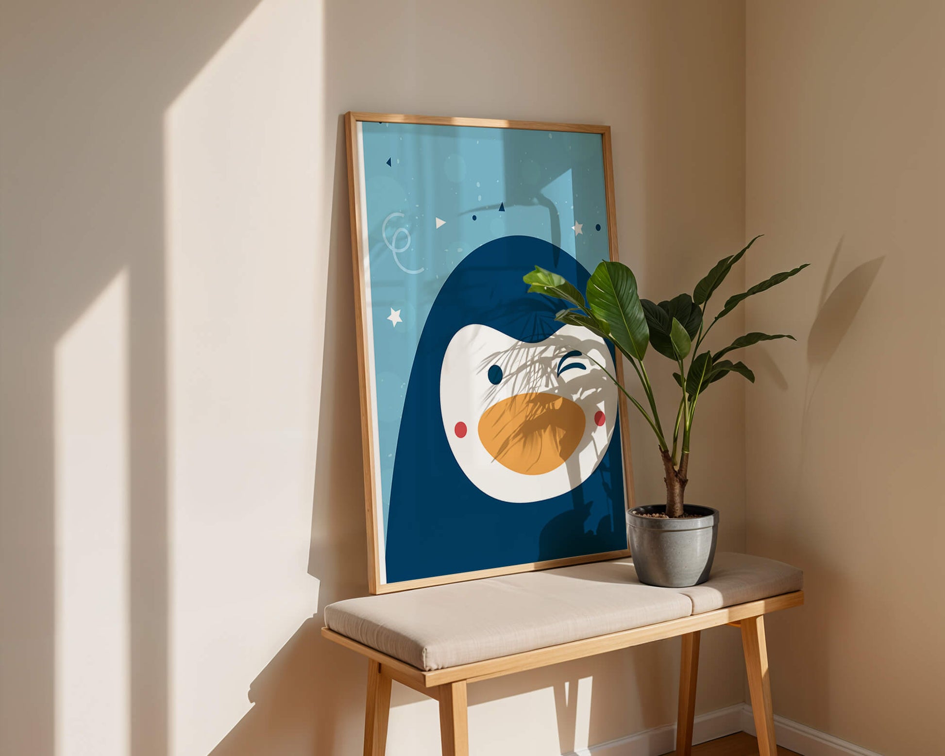 Pingüino de dibujos animados juguetón sobre un fondo azul caprichoso