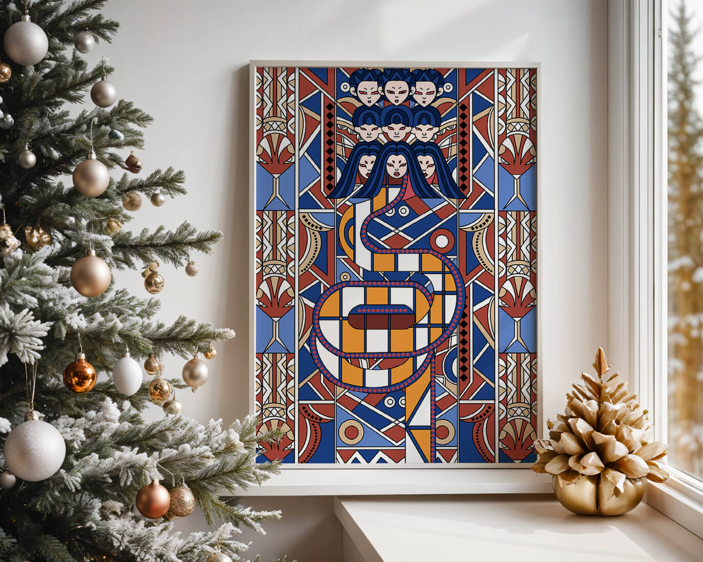 Patrón geométrico Art Decó con rostros y diseño simétrico