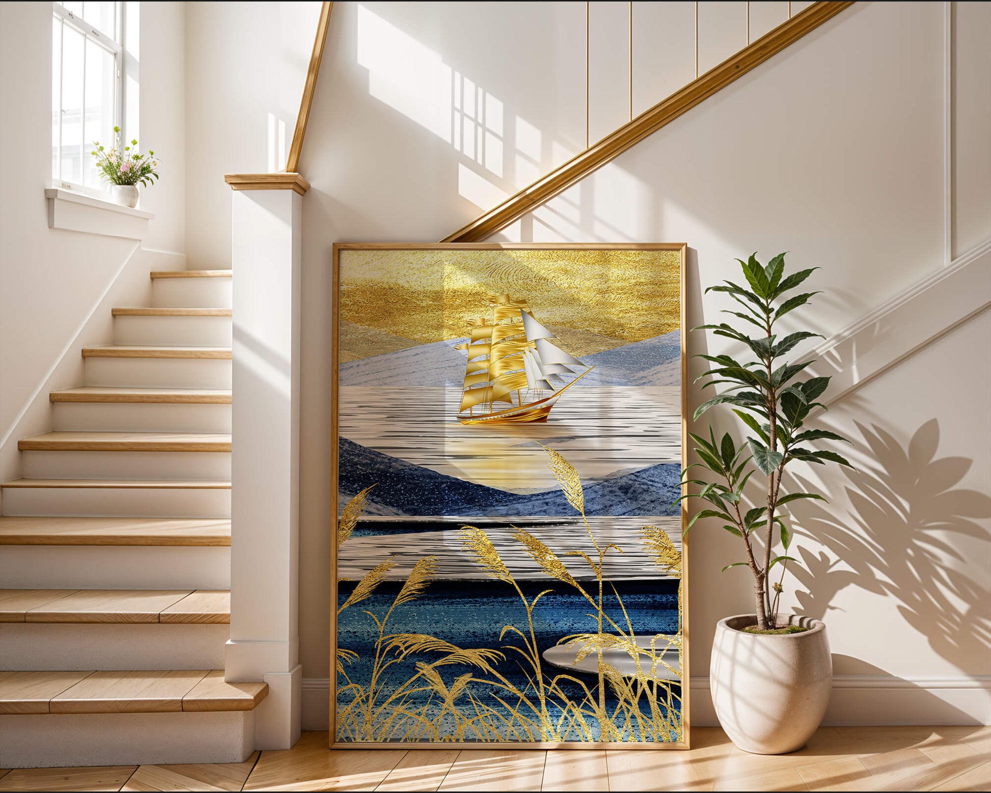 Golden Sailboat on Blue and Gold Landscape
