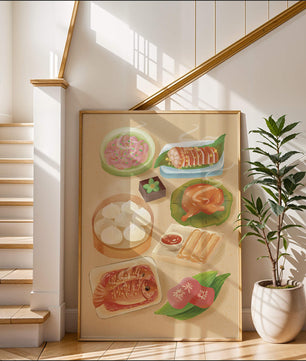 Colorful Representation of Asian Cuisine with Various Dishes