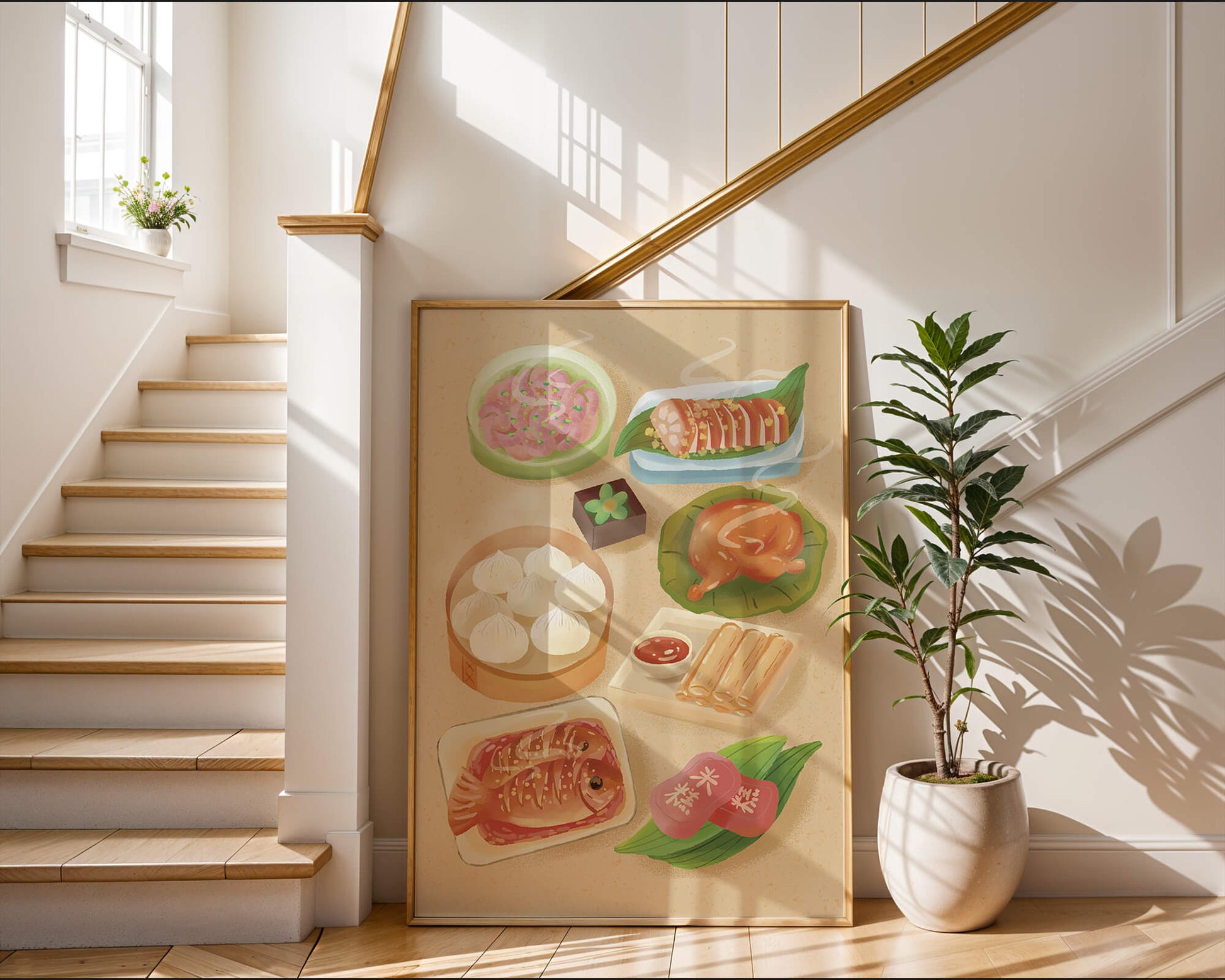 Colorful Representation of Asian Cuisine with Various Dishes
