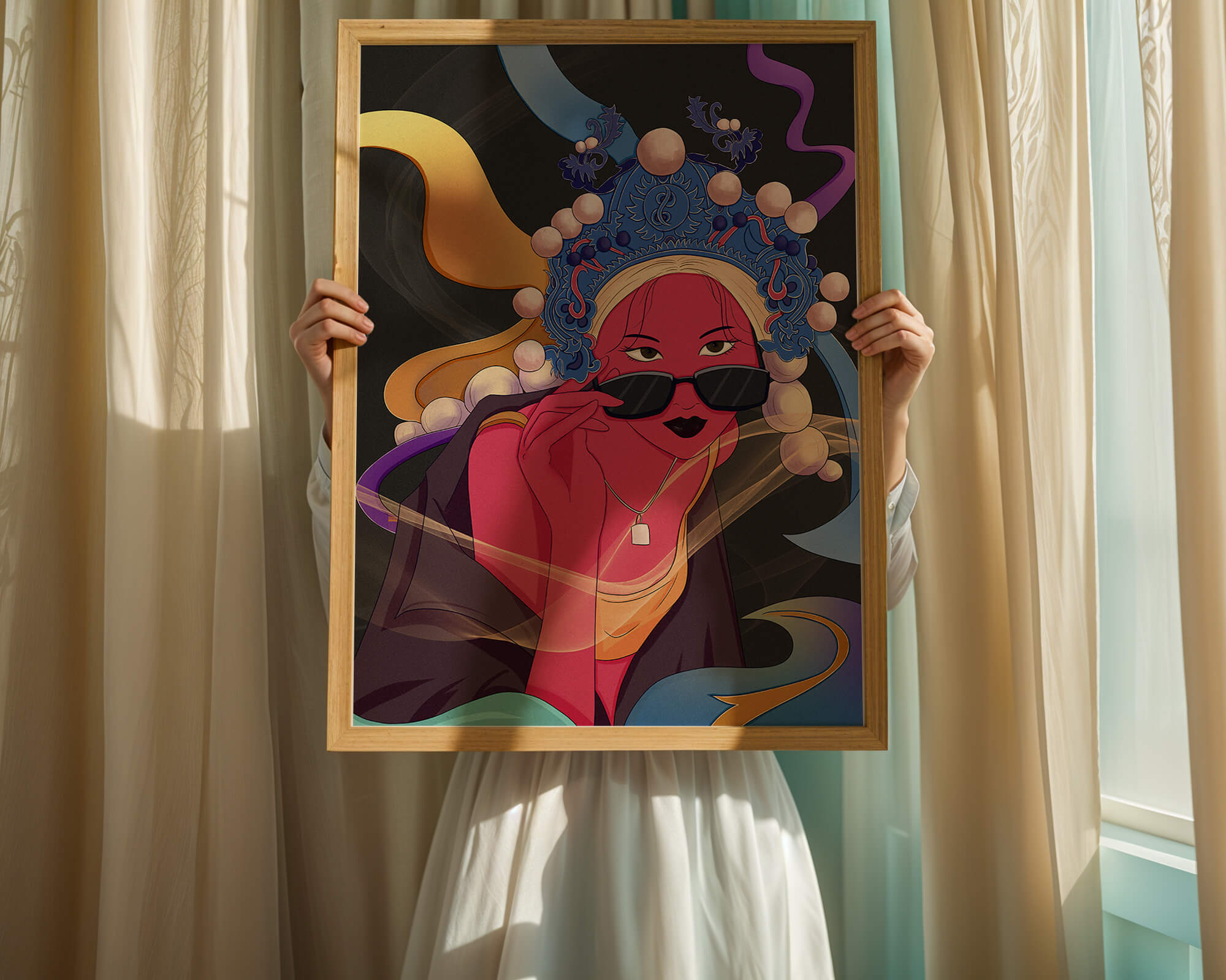 Elegant portrait of a modern woman with traditional headpiece and sunglasses